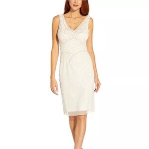Adrianna Papell white beaded v neck sleeveless dress size 10